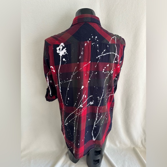 American Heritage Shirt Mens XL Red Plaid Paint Splatter Roll Tab Long Sleeve - Picture 6 of 15